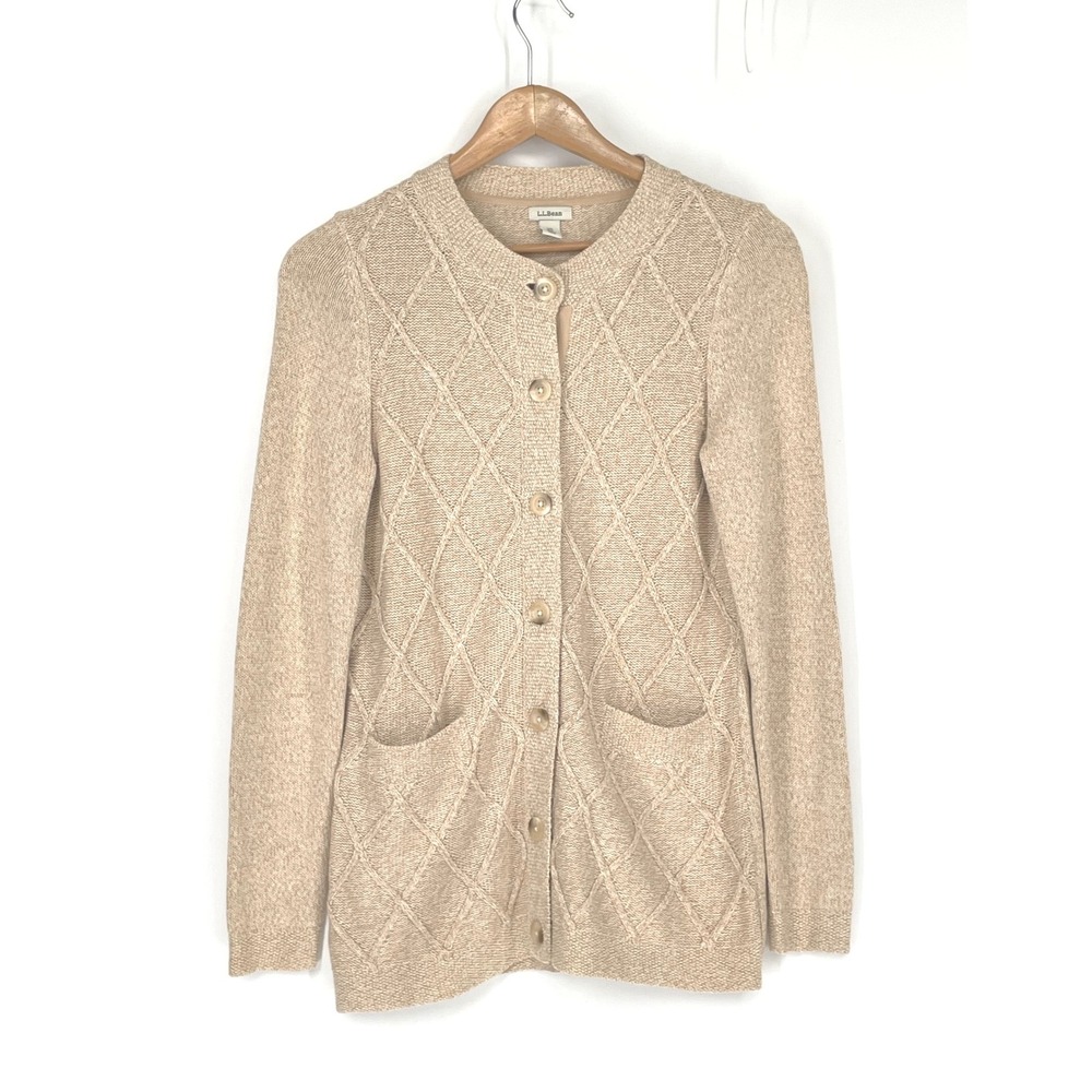 LL‎ Bean Womens Cardigan XS Sweater Tan Diamond Cable Knit Cotton Preppy